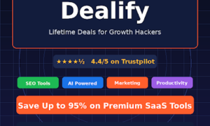 Featured image for GrabbedDeals titled Dealify Review 2026, describing lifetime deals for growth hackers alongside a 4.4 out of 5 Trustpilot rating and categories for SEO tools, AI powered, marketing and productivity with a save up to 95 percent banner.