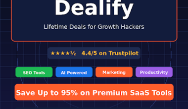 Featured image for GrabbedDeals titled Dealify Review 2026, describing lifetime deals for growth hackers alongside a 4.4 out of 5 Trustpilot rating and categories for SEO tools, AI powered, marketing and productivity with a save up to 95 percent banner.