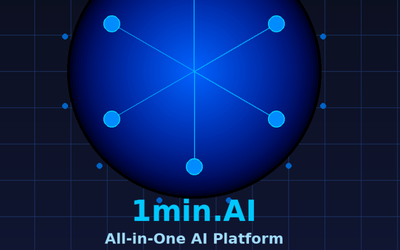 Featured hero graphic for GrabbedDeals titled 1min.AI All-in-One AI Platform, showcasing a central glowing dark blue circular button containing an interconnected six-pointed blue node graphic, highlighted by subtext reading ChatGPT | Claude | Gemini | One Subscription, with a prominent light blue bottom button displaying LIFETIME DEAL | DealFuel, placed on a dark blue tech grid background.