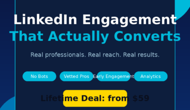 Featured hero graphic for GrabbedDeals titled CrossLike: LinkedIn Engagement That Actually Converts, under an main brand banner against a dark blue background with vibrant blue abstract circles. The layout showcases four feature tags for No Bots, Vetted Pros, Early Engagement and Analytics, with a prominent yellow button highlighting a Lifetime Deal starting from 59 dollars.