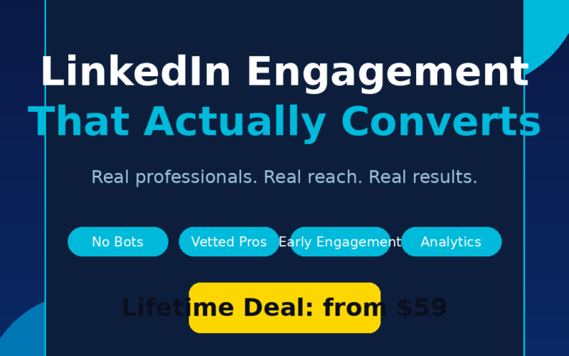 Featured hero graphic for GrabbedDeals titled CrossLike: LinkedIn Engagement That Actually Converts, under an main brand banner against a dark blue background with vibrant blue abstract circles. The layout showcases four feature tags for No Bots, Vetted Pros, Early Engagement and Analytics, with a prominent yellow button highlighting a Lifetime Deal starting from 59 dollars.