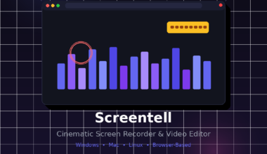 Featured hero graphic for GrabbedDeals titled Screentell: Cinematic Screen Recorder and Video Editor, presenting an abstract minimalist illustration of an editing interface displaying purple audio bar waves and an orange cursor ring over a white grid-lined dark blue background, with three rounded tag pills highlighting 3D Effects, Lifetime Deal, and No Subscription.