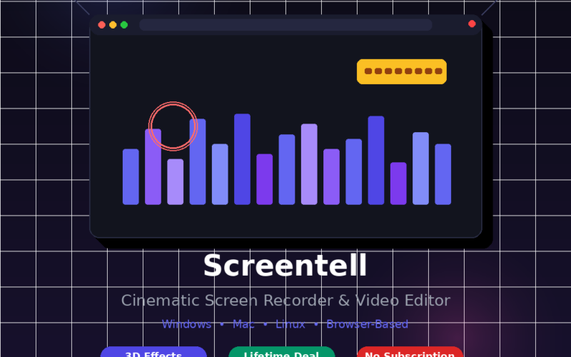 Featured hero graphic for GrabbedDeals titled Screentell: Cinematic Screen Recorder and Video Editor, presenting an abstract minimalist illustration of an editing interface displaying purple audio bar waves and an orange cursor ring over a white grid-lined dark blue background, with three rounded tag pills highlighting 3D Effects, Lifetime Deal, and No Subscription.