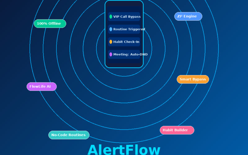 Featured hero graphic for GrabbedDeals titled AlertFlow: Android Notification Manager and Smart Automation, presenting an abstract illustration of a central dark blue smartphone screen surrounded by light-blue concentric signal radar waves over a dark blue background gradient, displaying rounded multi-coloured tag labels for 100% Offline, ZI² Engine, FlowLife AI, Smart Bypass, No-Code Routines, and Habit Builder.