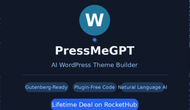 Featured hero graphic for GrabbedDeals titled PressMeGPT: AI WordPress Theme Builder, under a large white letter W inside a slate-blue circle icon against a dark blue background with elegant concentric light-blue circular wave patterns, displaying three rounded capability tags for Gutenberg-Ready, Plugin-Free Code, and Natural Language AI above a bright blue Lifetime Deal on RocketHub CTA banner.