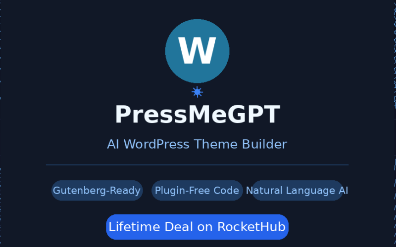 Featured hero graphic for GrabbedDeals titled PressMeGPT: AI WordPress Theme Builder, under a large white letter W inside a slate-blue circle icon against a dark blue background with elegant concentric light-blue circular wave patterns, displaying three rounded capability tags for Gutenberg-Ready, Plugin-Free Code, and Natural Language AI above a bright blue Lifetime Deal on RocketHub CTA banner.