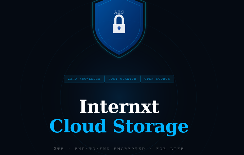 A featured image banner titled Internxt Cloud Storage StackSocial Lifetime Deal Review, showing a padlock shield icon, tags for zero-knowledge, post-quantum, and open-source, and highlighting a $99.97 one-time payment for 2TB end-to-end encrypted storage for life.
