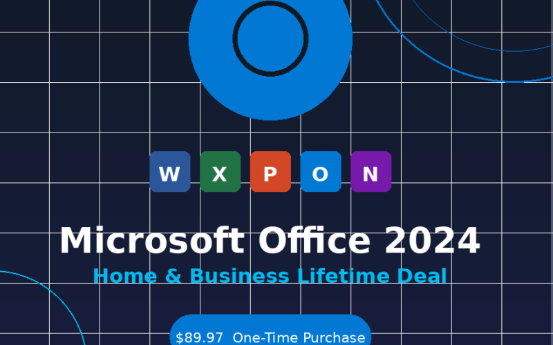A featured image banner titled Microsoft Office 2024 Home and Business Lifetime Deal, showing a blue circular logo graphic, application icons for Word, Excel, PowerPoint, Outlook, and OneNote, and highlighting an $89.97 one-time purchase with no subscription required.
