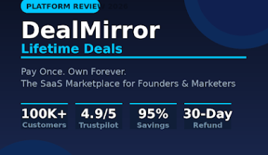 Featured image for GrabbedDeals titled DealMirror Lifetime Deals, describing the SaaS marketplace for founders and marketers with a platform review for 2026 and key stats including over 100,000 customers, a 4.9 out of 5 Trustpilot rating, 95 percent savings and a 30 day refund promise.