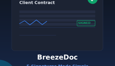 A featured image banner titled BreezeDoc E-Signatures Made Simple, showing a modern dark blue interface illustration with a "Client Contract" document marked as signed with a green checkmark, and a call-to-action button highlighting the AppSumo Lifetime Deal.