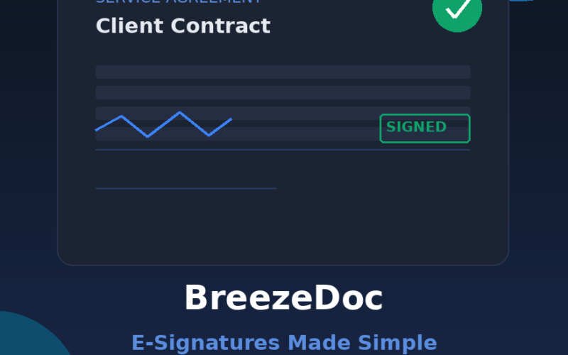 A featured image banner titled BreezeDoc E-Signatures Made Simple, showing a modern dark blue interface illustration with a "Client Contract" document marked as signed with a green checkmark, and a call-to-action button highlighting the AppSumo Lifetime Deal.