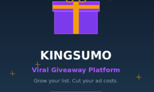 A featured image banner titled KingSumo Viral Giveaway Platform: Grow your list. Cut your ad costs, showing a minimalist purple gift box illustration with gold ribbons on a dark blue background, highlighting the AppSumo Lifetime Deal.