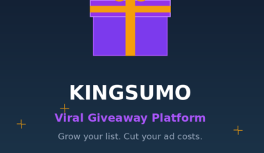 A featured image banner titled KingSumo Viral Giveaway Platform: Grow your list. Cut your ad costs, showing a minimalist purple gift box illustration with gold ribbons on a dark blue background, highlighting the AppSumo Lifetime Deal.