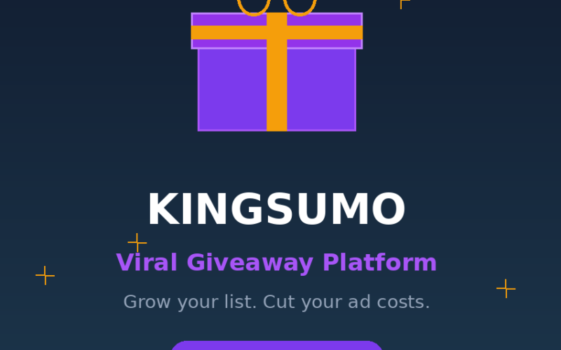 A featured image banner titled KingSumo Viral Giveaway Platform: Grow your list. Cut your ad costs, showing a minimalist purple gift box illustration with gold ribbons on a dark blue background, highlighting the AppSumo Lifetime Deal.