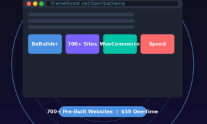 A featured promotional banner titled BeTheme: The #1 WordPress Theme on ThemeForest, showing a vector browser window mock-up highlighting BeBuilder, 700+ Sites, WooCommerce, and Speed, listing a $59 one-time purchase on grabbeddeals.online.