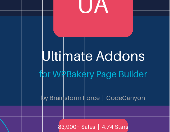 A featured promotional banner titled Ultimate Addons for WPBakery Page Builder by Brainstorm Force on CodeCanyon, featuring a minimalist "UA" icon block on a dark grid pattern, highlighting over 83,900 sales and a 4.74-star review rating.