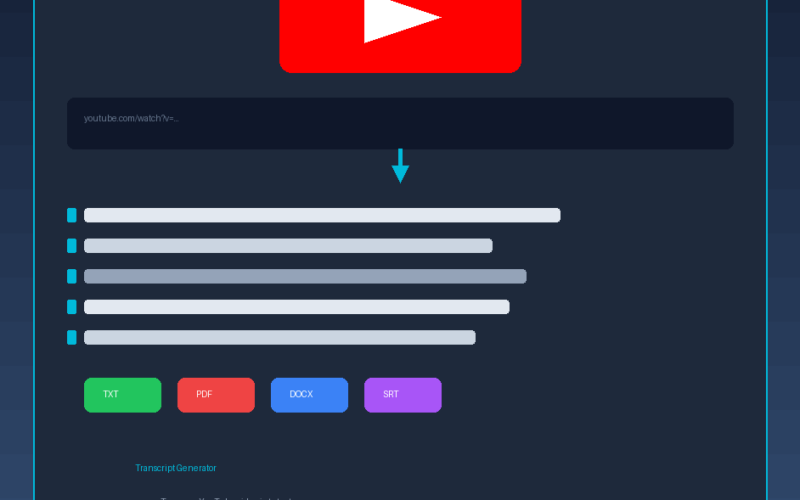 A featured promotional banner for Transcript Generator showing a stylized interface where a YouTube video link converts into text lines, with export file tags for TXT, PDF, DOCX, and SRT, highlighting a Dealify Lifetime Deal at $58 One-Time.