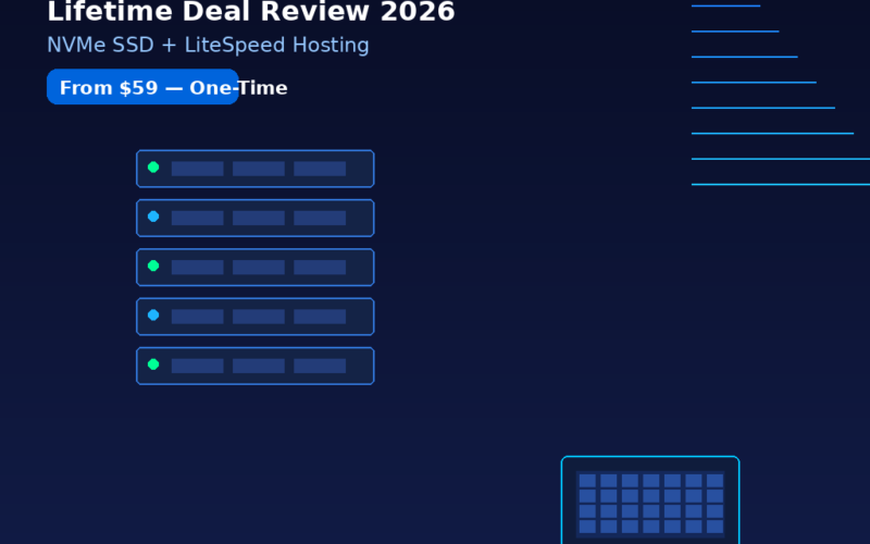 A featured promotional banner titled RARHost Lifetime Deal Review 2026 for NVMe SSD + LiteSpeed Hosting, displaying minimalist vector icons for a cPanel dashboard layout and server storage blocks, highlighting pricing from $59 one-time on grabbeddeals.online.