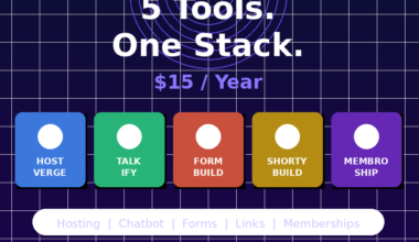 A featured promotional banner titled DealMirror Bundle Vol 1: 5 Tools. One Stack. on grabbeddeals.online, showcasing five colored software app icons for Hostverge, Talkify, Formbuild, Shortybuild, and Membroship with a call-to-action button to grab the bundle for $15 a year.