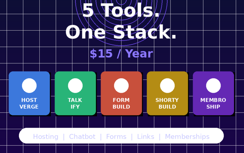 A featured promotional banner titled DealMirror Bundle Vol 1: 5 Tools. One Stack. on grabbeddeals.online, showcasing five colored software app icons for Hostverge, Talkify, Formbuild, Shortybuild, and Membroship with a call-to-action button to grab the bundle for $15 a year.