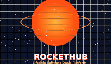Featured image for GrabbedDeals titled RocketHub Lifetime Software Deals Platform, featuring a stylized orange planet with a ring against a dark starry grid background and a dedicated call to action for entrepreneurs.