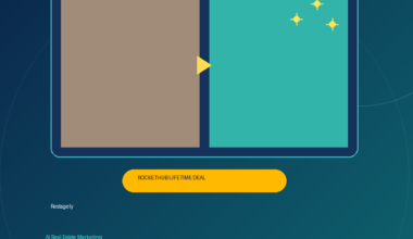 A featured promotional banner for Restagely titled AI Real Estate Marketing: Virtual Staging in 30 Seconds on grabbeddeals.online, presenting a RocketHub lifetime deal badge below a digital before-and-after image slider interface that highlights a transformation frame on a dark teal, geometric background.