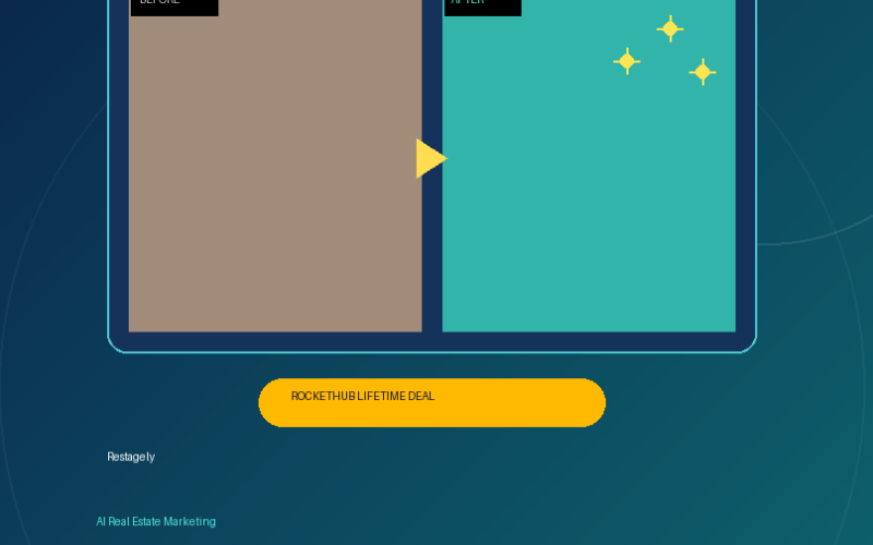A featured promotional banner for Restagely titled AI Real Estate Marketing: Virtual Staging in 30 Seconds on grabbeddeals.online, presenting a RocketHub lifetime deal badge below a digital before-and-after image slider interface that highlights a transformation frame on a dark teal, geometric background.