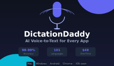 A featured promotional banner titled DictationDaddy: AI Voice-to-Text for Every App on GrabbedDeals.online, showcasing a blue microphone logo and detailing a RocketHub lifetime deal starting at a $49 one-time payment. The graphic highlights performance metrics of 98-99% accuracy across 101 languages, with OS badges indicating compatibility for Mac, Windows, Android, Chrome, and iOS coming soon.