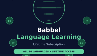A featured promotional banner titled Babbel Language Learning: Lifetime Subscription on grabbeddeals.onlinr, displaying a central dark blue planet icon encircled by floating country code badges for Spain (ES), Germany (DE), Portugal (PT), Turkey (TR), France (FR), Italy (IT), Russia (RU), and Poland (PL). The layout highlights a promotional offer guaranteeing lifetime access to all 14 languages with over 10,000 hours of top-grossing learning content.