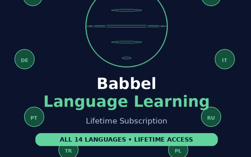 A featured promotional banner titled Babbel Language Learning: Lifetime Subscription on grabbeddeals.onlinr, displaying a central dark blue planet icon encircled by floating country code badges for Spain (ES), Germany (DE), Portugal (PT), Turkey (TR), France (FR), Italy (IT), Russia (RU), and Poland (PL). The layout highlights a promotional offer guaranteeing lifetime access to all 14 languages with over 10,000 hours of top-grossing learning content.