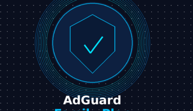 A featured promotional banner titled AdGuard Family Plan on grabbeddeals.online, showcasing a neon blue shield outline with a checkmark graphic. The layout features an orange 90% OFF badge and details a StackSocial lifetime deal priced at $15.97 to block ads across 9 devices.