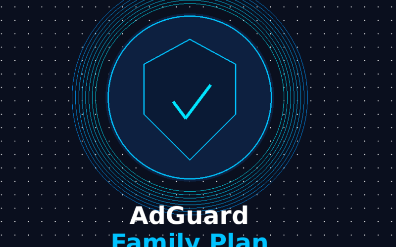 A featured promotional banner titled AdGuard Family Plan on grabbeddeals.online, showcasing a neon blue shield outline with a checkmark graphic. The layout features an orange 90% OFF badge and details a StackSocial lifetime deal priced at $15.97 to block ads across 9 devices.