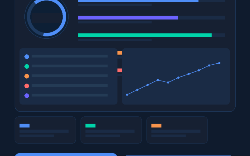 A featured promotional banner template on GrabbedDeals.online, displaying a dark mode digital dashboard user interface illustration featuring an upper radial chart, horizontal progress tracking meters, a central trend line graph next to a color-coded legend panel, and lower text placeholder blocks.