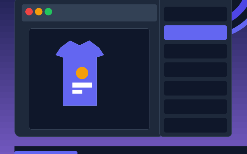 A featured promotional banner template on GrabbedDeals.online, displaying a dark mode application user interface window showing a central purple t-shirt graphic with an orange design accent. The layout features a right-hand vertical menu column with a highlighted option, set against an abstract purple gradient backdrop with glowing concentric circles in the upper right.