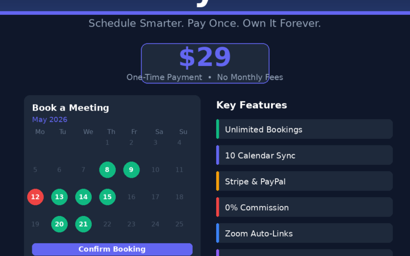 Featured hero infographic for GrabbedDeals titled TidyCal: Schedule Smarter. Pay Once. Own It Forever., highlighting a 29 dollar one-time lifetime deal payment with no monthly fees. The graphic displays a mini booking calendar layout for May 2026 alongside key feature blocks detailing Unlimited Bookings, 10 Calendar Sync, Stripe and PayPal integration, 0 percent commission, Zoom Auto-Links and Group Sessions.