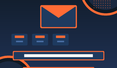 Featured hero graphic for GrabbedDeals showcasing a minimalist dark blue background with abstract orange geometric circles and dotted accent patterns, featuring an orange envelope icon centered above three small card blocks and two long horizontal input text bars.