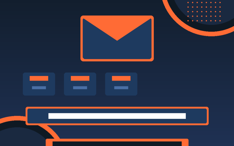Featured hero graphic for GrabbedDeals showcasing a minimalist dark blue background with abstract orange geometric circles and dotted accent patterns, featuring an orange envelope icon centered above three small card blocks and two long horizontal input text bars.