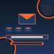 Featured hero graphic for GrabbedDeals showcasing a minimalist dark blue background with abstract orange geometric circles and dotted accent patterns, featuring an orange envelope icon centered above three small card blocks and two long horizontal input text bars.