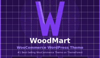 Featured hero graphic for GrabbedDeals titled WoodMart WooCommerce WordPress Theme, highlighting its status as the number one best-selling WooCommerce theme on ThemeForest with badges displaying over 113,000 sales, a 4.91 rating and over 100 demo sites against a dark purple background with a white grid and a large central W logo.