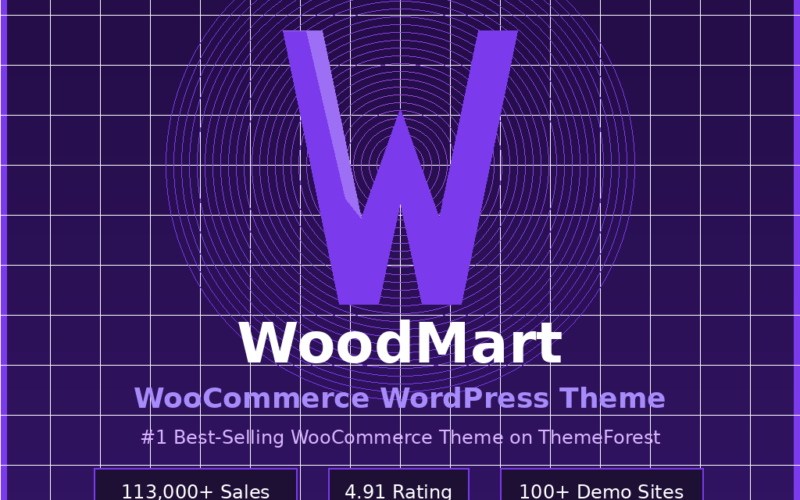 Featured hero graphic for GrabbedDeals titled WoodMart WooCommerce WordPress Theme, highlighting its status as the number one best-selling WooCommerce theme on ThemeForest with badges displaying over 113,000 sales, a 4.91 rating and over 100 demo sites against a dark purple background with a white grid and a large central W logo.