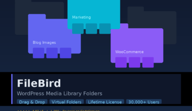 Featured hero graphic for GrabbedDeals titled FileBird: WordPress Media Library Folders, displaying isometric blue, teal and purple folders labelled Blog Images, Marketing and WooCommerce on a dark background. The graphic highlights key features including Drag and Drop, Virtual Folders, Lifetime License and 30,000 plus Users, along with a 4.87 out of 5 star rating from over 1,000 reviews on CodeCanyon.