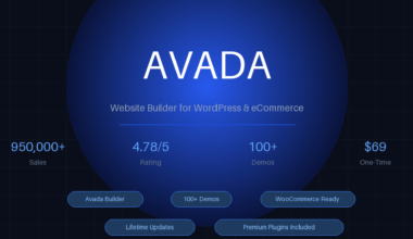 Featured hero graphic for GrabbedDeals titled AVADA: Website Builder for WordPress & eCommerce, highlighting its status as the number one best-selling WordPress theme with statistics displaying over 950,000 sales, a 4.78 out of 5 rating, over 100 demos and a 69 dollar one-time price, designed on a dark blue background with a white grid layout and a bright blue central glowing orb.