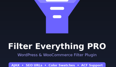 Featured hero graphic for GrabbedDeals titled Filter Everything PRO: WordPress and WooCommerce Filter Plugin, displaying a large purple funnel icon centered on a dark blue background. The graphic highlights key feature badges including AJAX, SEO URLs, Color Swatches and ACF Support, alongside a five-star rating and marketplace statistics showing a 4.91 out of 5 user rating from over 15,000 sales on CodeCanyon.