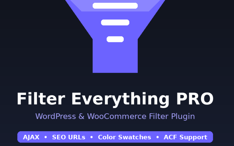 Featured hero graphic for GrabbedDeals titled Filter Everything PRO: WordPress and WooCommerce Filter Plugin, displaying a large purple funnel icon centered on a dark blue background. The graphic highlights key feature badges including AJAX, SEO URLs, Color Swatches and ACF Support, alongside a five-star rating and marketplace statistics showing a 4.91 out of 5 user rating from over 15,000 sales on CodeCanyon.