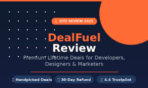 Featured image for GrabbedDeals titled DealFuel Review, describing premium lifetime deals for developers, designers and marketers alongside a 30 day refund promise and a 4.4 Trustpilot rating.