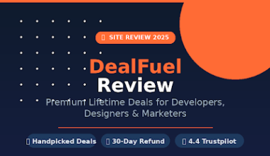Featured image for GrabbedDeals titled DealFuel Review, describing premium lifetime deals for developers, designers and marketers alongside a 30 day refund promise and a 4.4 Trustpilot rating.