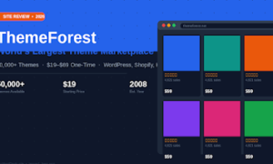 Hero image for GrabbedDeals titled ThemeForest: World's Largest Theme Marketplace, highlighting stats including over 50,000 themes, a 19 dollar starting price and its establishment in 2008 alongside a browser mockup showing popular themes with 4,821 sales at 59 dollars each.