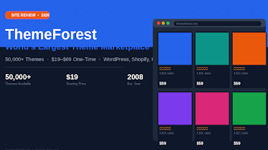 Hero image for GrabbedDeals titled ThemeForest: World's Largest Theme Marketplace, highlighting stats including over 50,000 themes, a 19 dollar starting price and its establishment in 2008 alongside a browser mockup showing popular themes with 4,821 sales at 59 dollars each.
