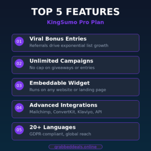 An infographic listing the Top 5 Features of the KingSumo Pro Plan, including Viral Bonus Entries, Unlimited Campaigns, Embeddable Widget, Advanced Integrations with Mailchimp and ConvertKit, and 20+ Languages.