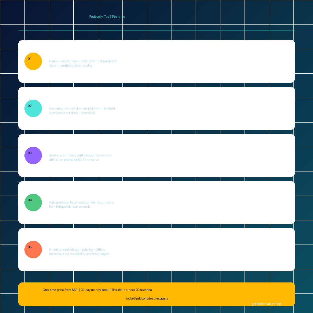 An infographic titled Restagely: Top 5 Features on grabbeddeals.online, outlining five numbered feature blocks for the software: 01 Furnish empty rooms instantly with AI-rendered decor, 02 Swap gray overcast skies and add warm twilight glow, 03 Generate animated walkthrough videos from still photos, 04 Auto-generate MLS-ready written descriptions, and 05 Import property data directly from Zillow. It highlights a RocketHub lifetime deal starting at a one-time price of $69 with a 30-day money-back guarantee.